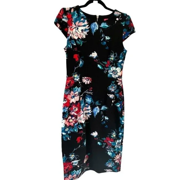 Betsey Johnson Sz 6 Black Floral Midi Bodycon Career Dress Office Siren Party - Picture 1 of 14